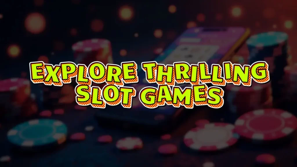 on image is a black background with blury casino chips and lottery cards and text "Explore thring slot games"