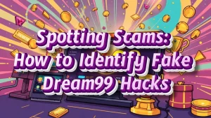 illustration text 'Spotting Scams: How to Identify Fake Dream99 Hacks'